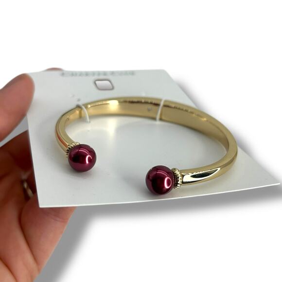 NEW Charter Club Gold Hinge Bracelet Burgundy Ball Cuff Bangle - Picture 1 of 7